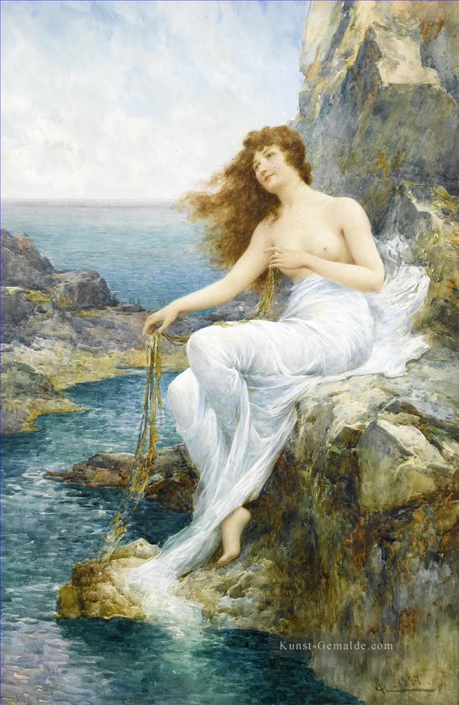 A Sea Maiden Resting on a Rocky Shore Alfred Glendening JR nackt impressionism Ölgemälde